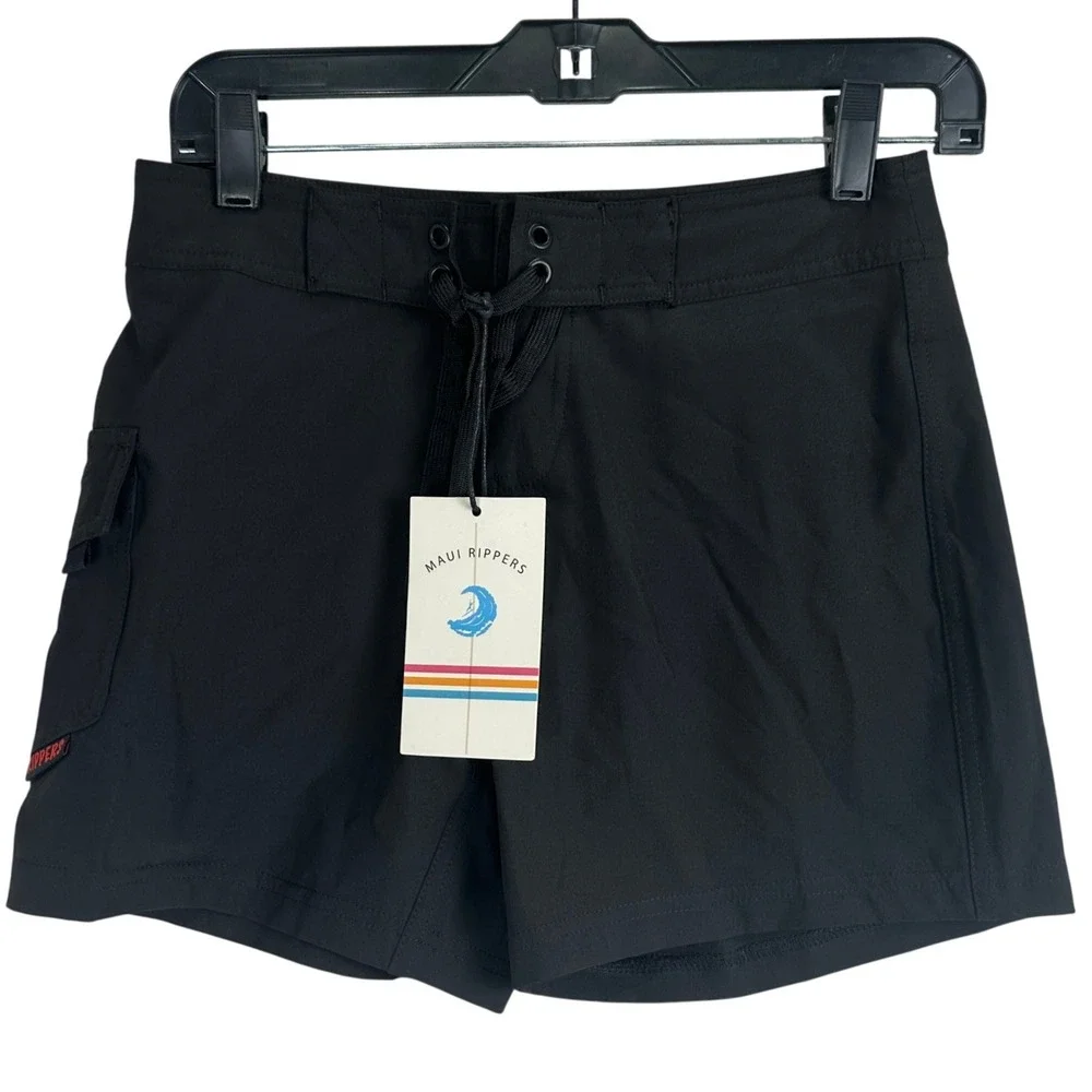 Maui Rippers Board Shorts Women 0 Black 4-Way Stretch Cargo Pocket Surf Swimwear